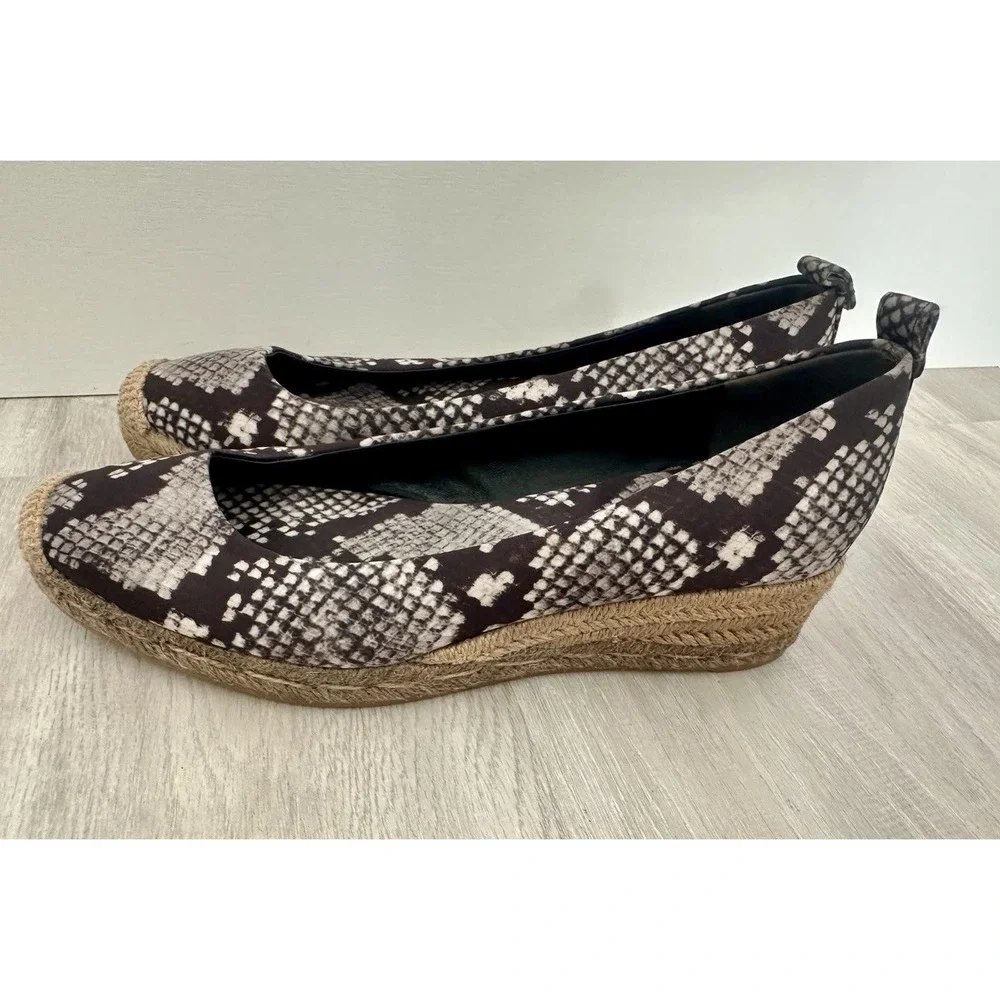 Tory Burch Womens 8.5 Heather Snake Print Wedge Espadrille Black‎ Grey